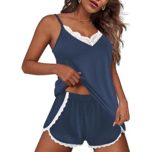 imageEkouaer Pajama Sets for Women Lingerie Sleepwear 2 Piece Cami Split Short Set V Neck Lace Summer PjsNavy Blue