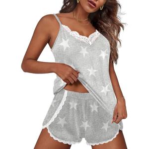 imageEkouaer Pajama Sets for Women Lingerie Sleepwear 2 Piece Cami Split Short Set V Neck Lace Summer PjsStar Grey