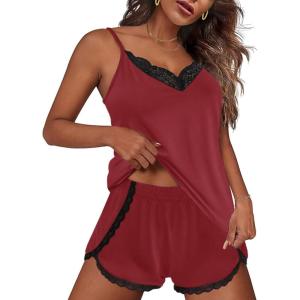imageEkouaer Pajama Sets for Women Lingerie Sleepwear 2 Piece Cami Split Short Set V Neck Lace Summer PjsWine Red