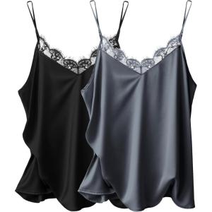 imageEkouaer Womens 2 PCS Cami Top Satin Tank Top Adjustable Spaghetti Strap CamisoleBlack  Dard Grey