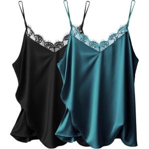 imageEkouaer Womens 2 PCS Cami Top Satin Tank Top Adjustable Spaghetti Strap CamisoleBlack  Dark Green