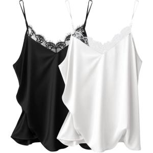 imageEkouaer Womens 2 PCS Cami Top Satin Tank Top Adjustable Spaghetti Strap CamisoleBlack  White
