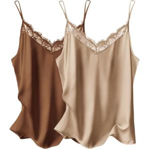 imageEkouaer Womens 2 PCS Cami Top Satin Tank Top Adjustable Spaghetti Strap CamisoleBrowncaramel