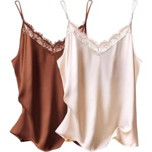 imageEkouaer Womens 2 PCS Cami Top Satin Tank Top Adjustable Spaghetti Strap CamisoleCaramelchampagne