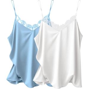 imageEkouaer Womens 2 PCS Cami Top Satin Tank Top Adjustable Spaghetti Strap CamisoleWhite  Light Blue