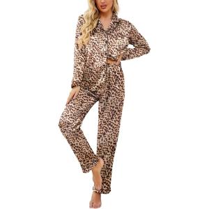 imageEkouaer Womens Classic Button Down Long Satin Silk Pajama SetLeopard
