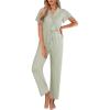 imageEkouaer Pajamas for Women Set Button Up Sleepwear Cute Pjs Ruffle Sleeve Notch Collar Loungewear with Long Pants SXXL
