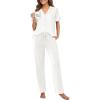 imageEkouaer Pajamas for Women Set Button Up Sleepswear 2 Piece Short Sleeve PJ Top and Long Pants Loungwear With Pocket SXXLWhite