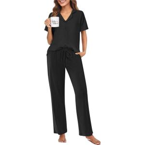 imageEkouaer Pajamas for Women Set Button Up Sleepswear 2 Piece Short Sleeve PJ Top and Long Pants Loungwear With Pocket SXXLBlack