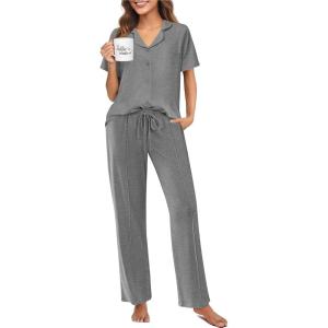 imageEkouaer Pajamas for Women Set Button Up Sleepswear 2 Piece Short Sleeve PJ Top and Long Pants Loungwear With Pocket SXXLDark Gray