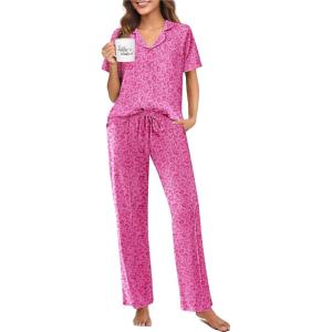 imageEkouaer Pajamas for Women Set Button Up Sleepswear 2 Piece Short Sleeve PJ Top and Long Pants Loungwear With Pocket SXXLHot Pink Leopard Print