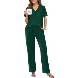 imageEkouaer Pajamas for Women Set Button Up Sleepswear 2 Piece Short Sleeve PJ Top and Long Pants Loungwear With Pocket SXXLLake Green