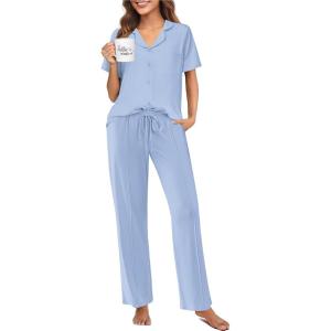 imageEkouaer Pajamas for Women Set Button Up Sleepswear 2 Piece Short Sleeve PJ Top and Long Pants Loungwear With Pocket SXXLLight Blue
