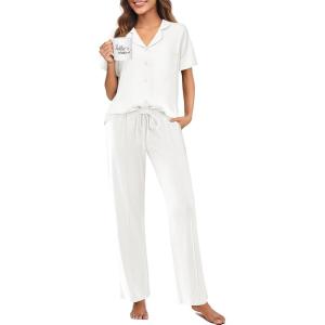 imageEkouaer Pajamas for Women Set Button Up Sleepswear 2 Piece Short Sleeve PJ Top and Long Pants Loungwear With Pocket SXXLWhite