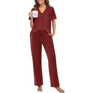 imageEkouaer Pajamas for Women Set Button Up Sleepswear 2 Piece Short Sleeve PJ Top and Long Pants Loungwear With Pocket SXXLWine Red