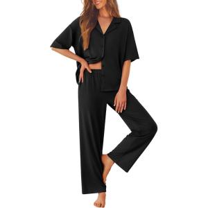 imageEkouaer Women Pajamas Set Button Down Sleepwear Short Sleeve Pjs Soft Comfy Nightwear with Long Pants SXXLBlack