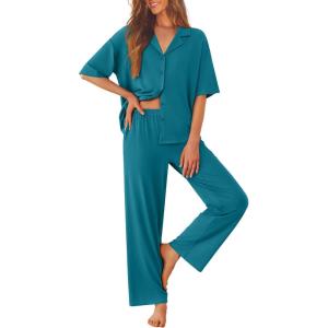 imageEkouaer Women Pajamas Set Button Down Sleepwear Short Sleeve Pjs Soft Comfy Nightwear with Long Pants SXXLBlue Green