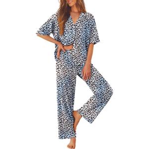 imageEkouaer Women Pajamas Set Button Down Sleepwear Short Sleeve Pjs Soft Comfy Nightwear with Long Pants SXXLBlue Leopard