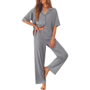 imageEkouaer Women Pajamas Set Button Down Sleepwear Short Sleeve Pjs Soft Comfy Nightwear with Long Pants SXXLDark Grey