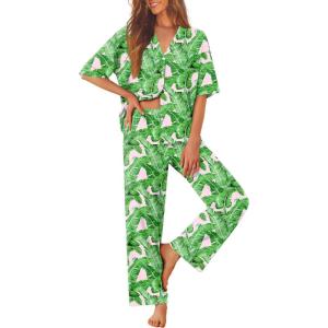 imageEkouaer Women Pajamas Set Button Down Sleepwear Short Sleeve Pjs Soft Comfy Nightwear with Long Pants SXXLGreen Leaves