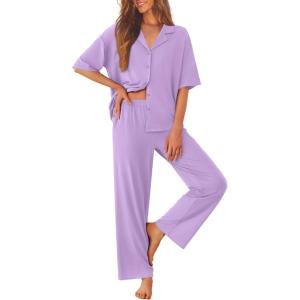 imageEkouaer Women Pajamas Set Button Down Sleepwear Short Sleeve Pjs Soft Comfy Nightwear with Long Pants SXXLLight Purple