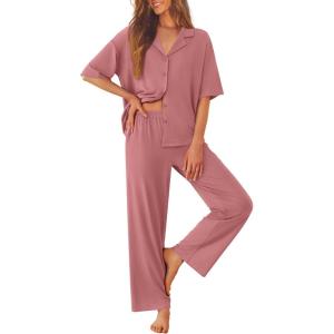 imageEkouaer Women Pajamas Set Button Down Sleepwear Short Sleeve Pjs Soft Comfy Nightwear with Long Pants SXXLOld Rose
