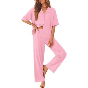 imageEkouaer Women Pajamas Set Button Down Sleepwear Short Sleeve Pjs Soft Comfy Nightwear with Long Pants SXXLPink
