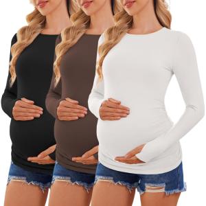 imageEkouaer Womens 3 Pack Long Sleeve Maternity Shirts Crew Neck Pregnancy Clothes Side Ruched Workout Tops Casual TShirt SXXL