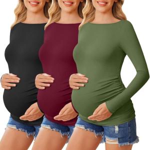 imageEkouaer Womens Maternity Shirts Boat Neck 3 Packs Pregnancy Tops Long Sleeve Tunic Tees Casual Blouse New Mama Clothes SXXLBlackDark RedArmy Green