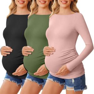 imageEkouaer Womens Maternity Shirts Boat Neck 3 Packs Pregnancy Tops Long Sleeve Tunic Tees Casual Blouse New Mama Clothes SXXLBlackDirty PinkArmy Green