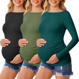 imageEkouaer Womens Maternity Shirts Boat Neck 3 Packs Pregnancy Tops Long Sleeve Tunic Tees Casual Blouse New Mama Clothes SXXLBlackLake GreenArmy Green