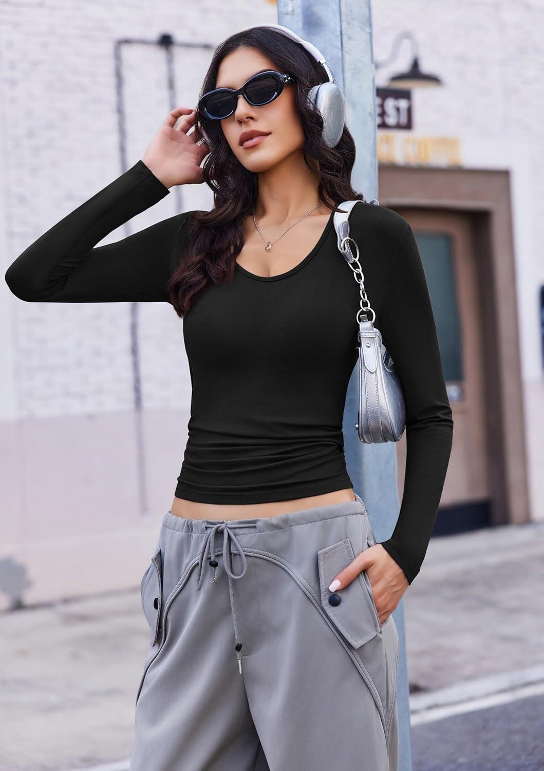 imageEkouaer Deep V Neck Shirts for Women Long Sleeve Thermal Tops Slim Fit Lightweight Undershirts Soft Low Cut Tees XSXXLBlack