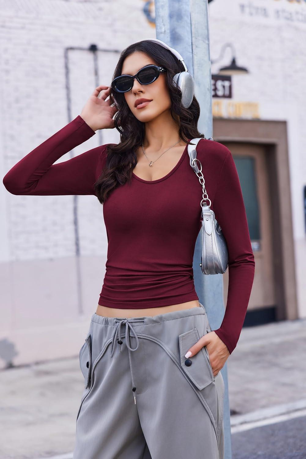 imageEkouaer Deep V Neck Shirts for Women Long Sleeve Thermal Tops Slim Fit Lightweight Undershirts Soft Low Cut Tees XSXXLDark Red