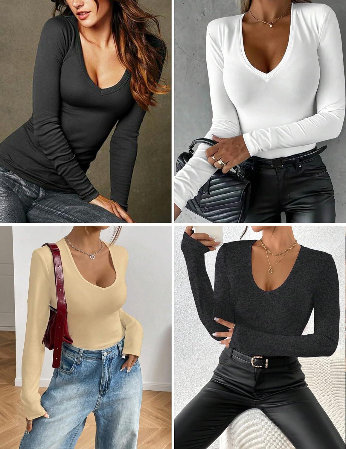imageEkouaer Deep V Neck Shirts for Women Long Sleeve Thermal Tops Slim Fit Lightweight Undershirts Soft Low Cut Tees XSXXLGreen