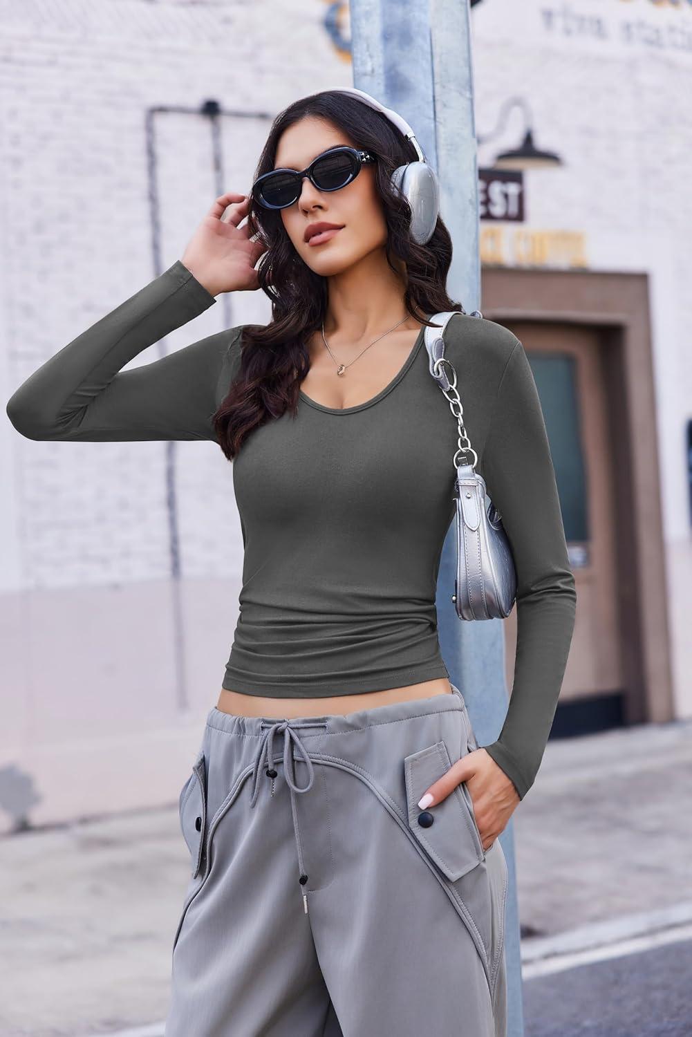 imageEkouaer Deep V Neck Shirts for Women Long Sleeve Thermal Tops Slim Fit Lightweight Undershirts Soft Low Cut Tees XSXXLLight Grey