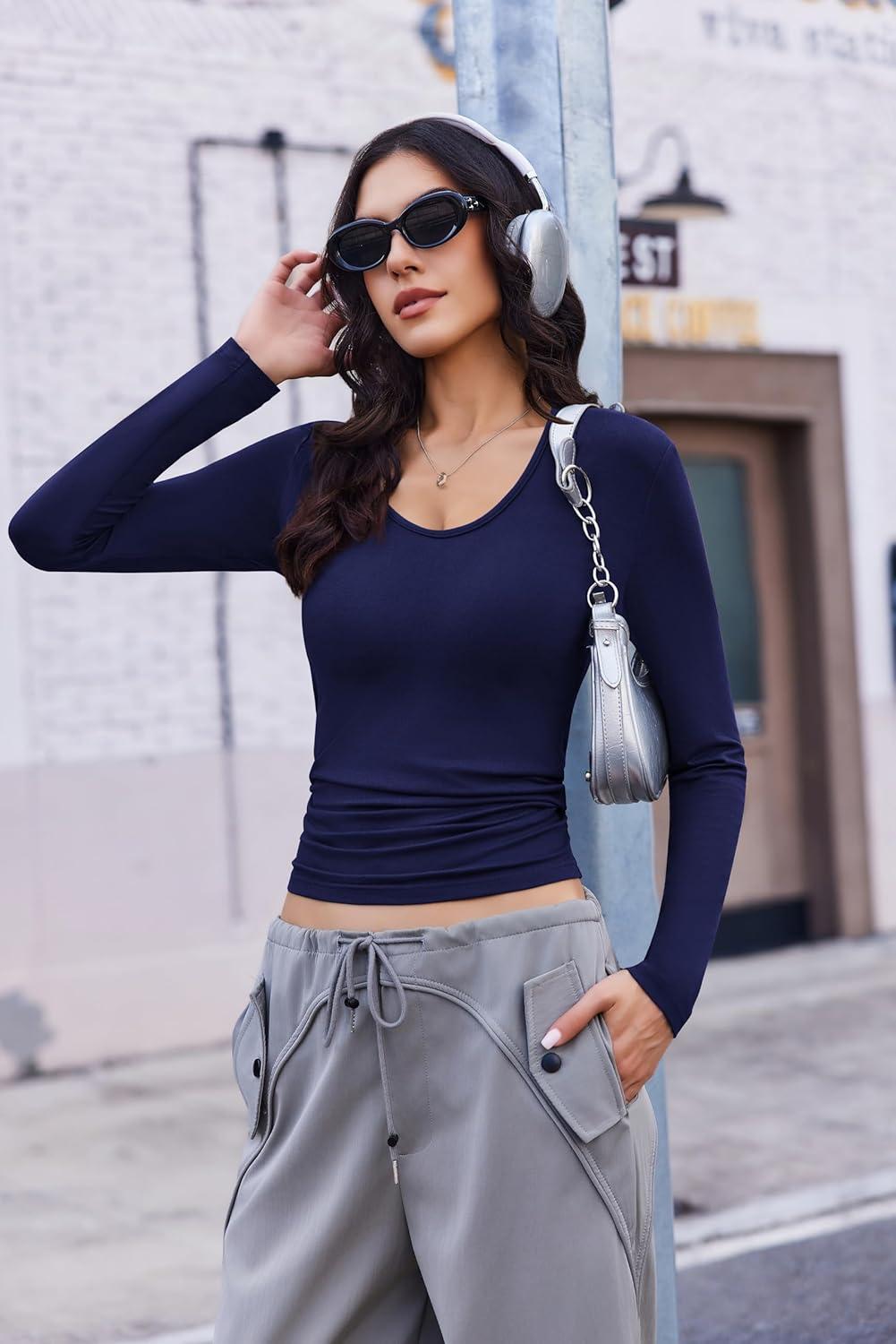 imageEkouaer Deep V Neck Shirts for Women Long Sleeve Thermal Tops Slim Fit Lightweight Undershirts Soft Low Cut Tees XSXXLNavy Blue
