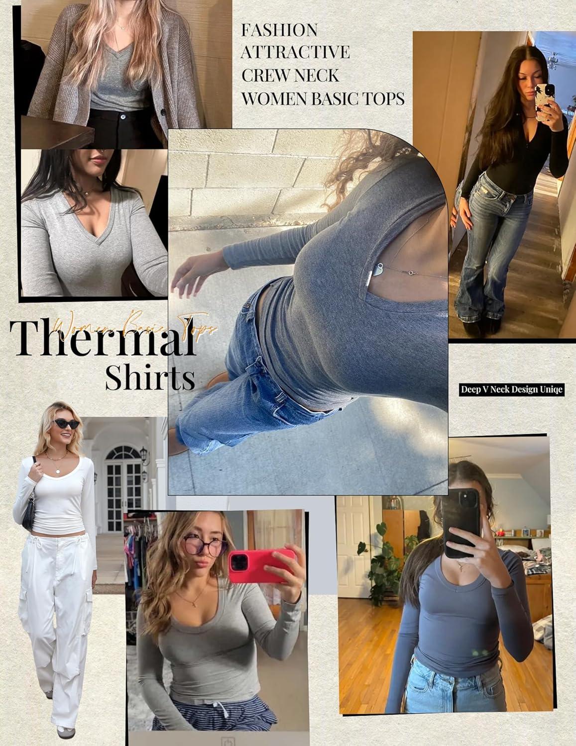 imageEkouaer Deep V Neck Shirts for Women Long Sleeve Thermal Tops Slim Fit Lightweight Undershirts Soft Low Cut Tees XSXXLWhtie