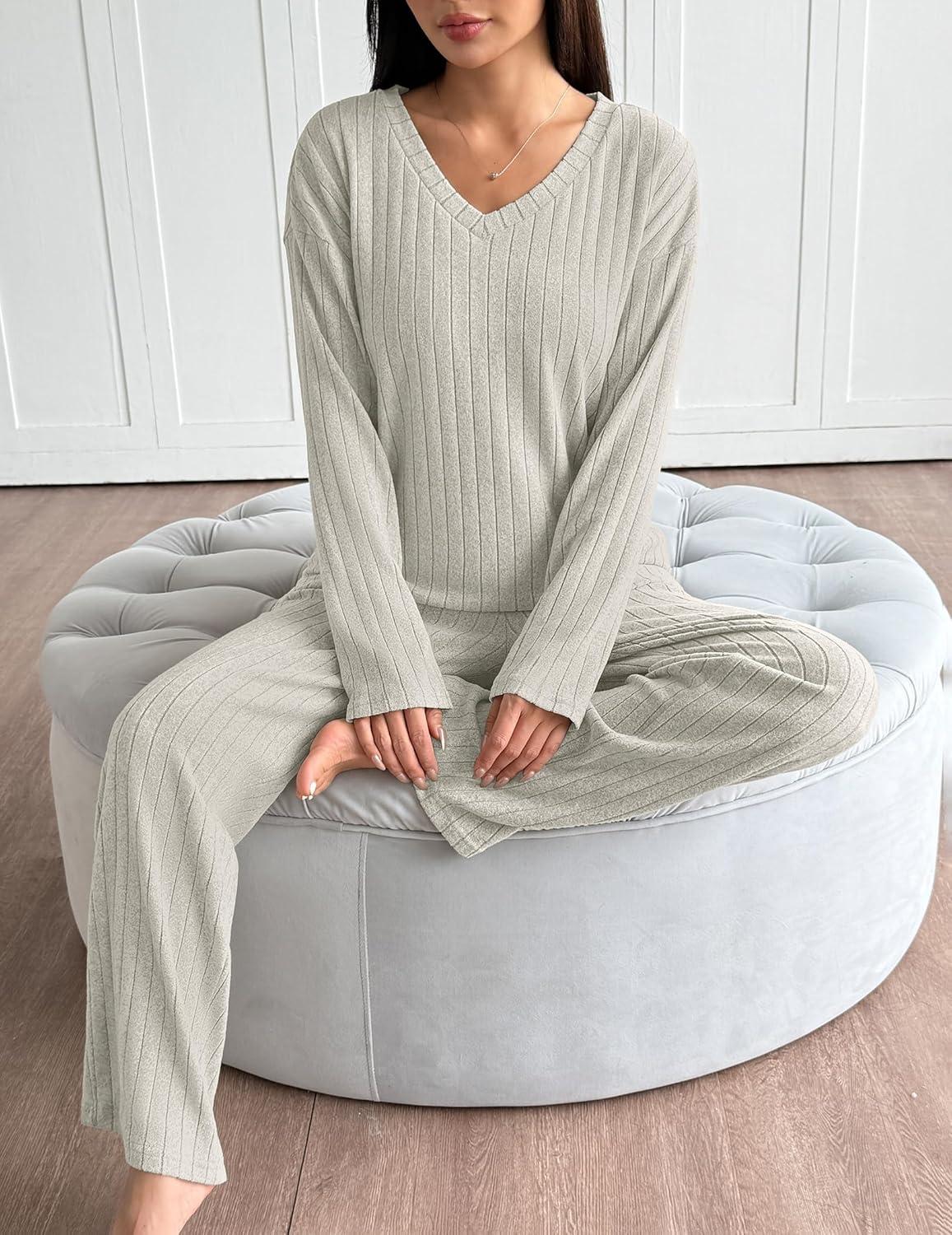 imageEkouaer Lounge Sets for Women Long Sleeve Knit Ribbed Pajama Sets 2 Piece Casual Loungewear with PocketsApricot