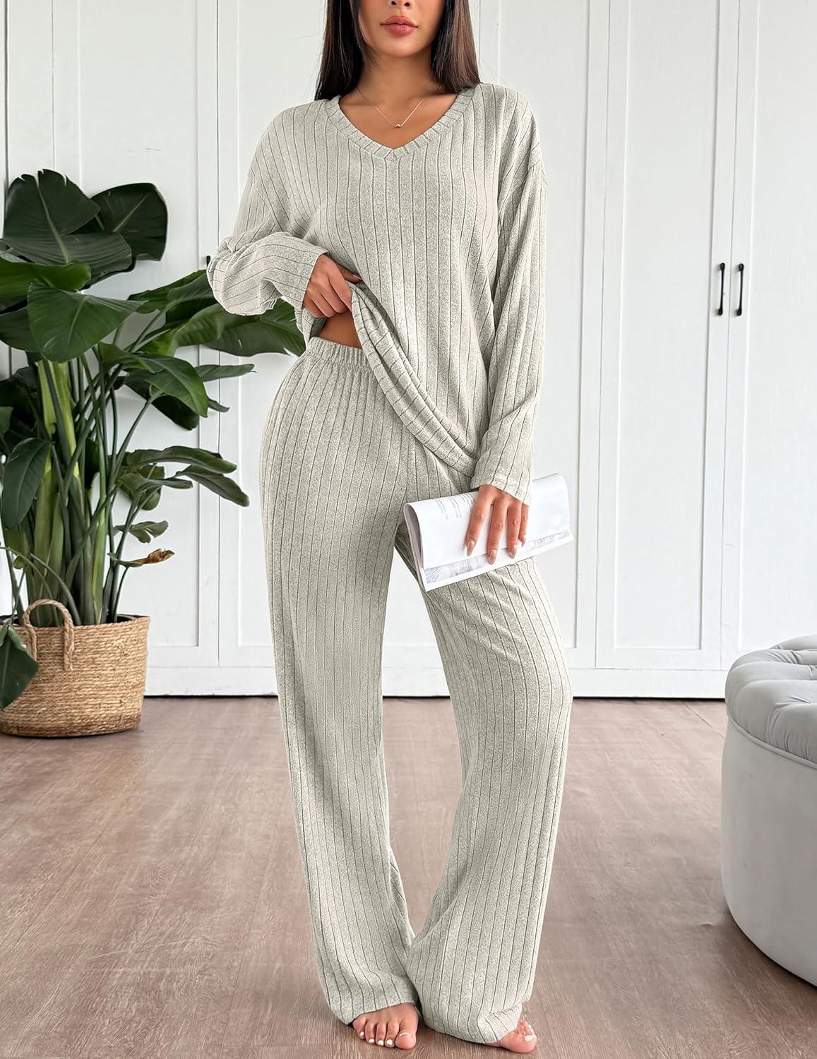 imageEkouaer Lounge Sets for Women Long Sleeve Knit Ribbed Pajama Sets 2 Piece Casual Loungewear with PocketsApricot