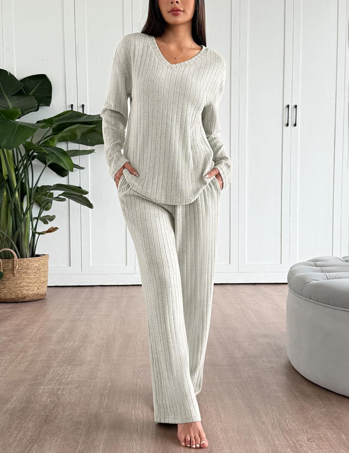imageEkouaer Lounge Sets for Women Long Sleeve Knit Ribbed Pajama Sets 2 Piece Casual Loungewear with PocketsApricot