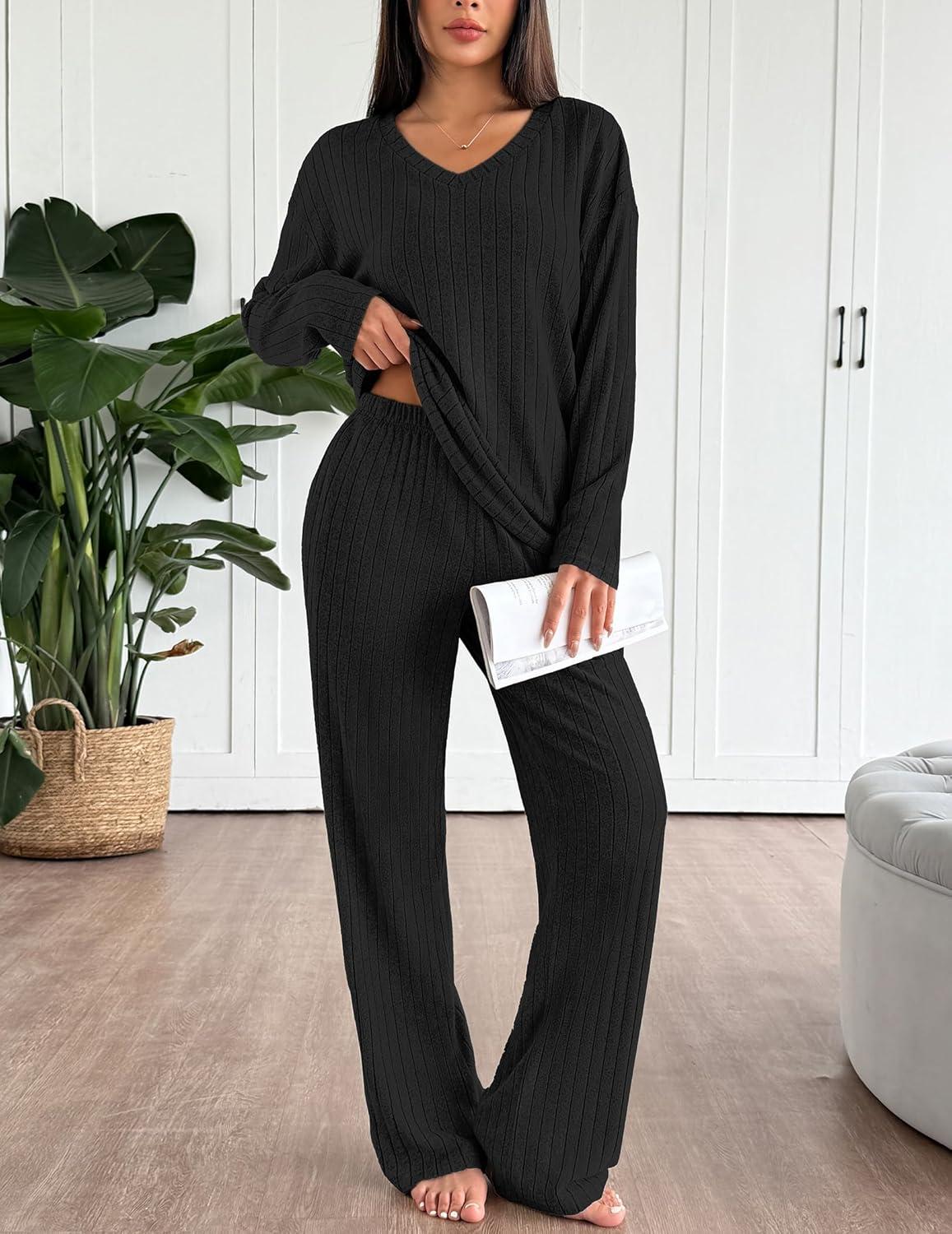 imageEkouaer Lounge Sets for Women Long Sleeve Knit Ribbed Pajama Sets 2 Piece Casual Loungewear with PocketsBlack