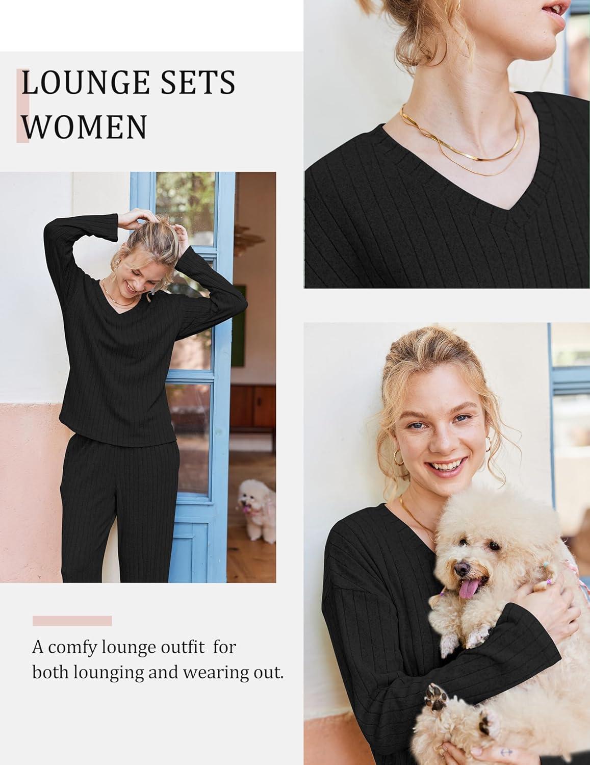 imageEkouaer Lounge Sets for Women Long Sleeve Knit Ribbed Pajama Sets 2 Piece Casual Loungewear with PocketsBlack