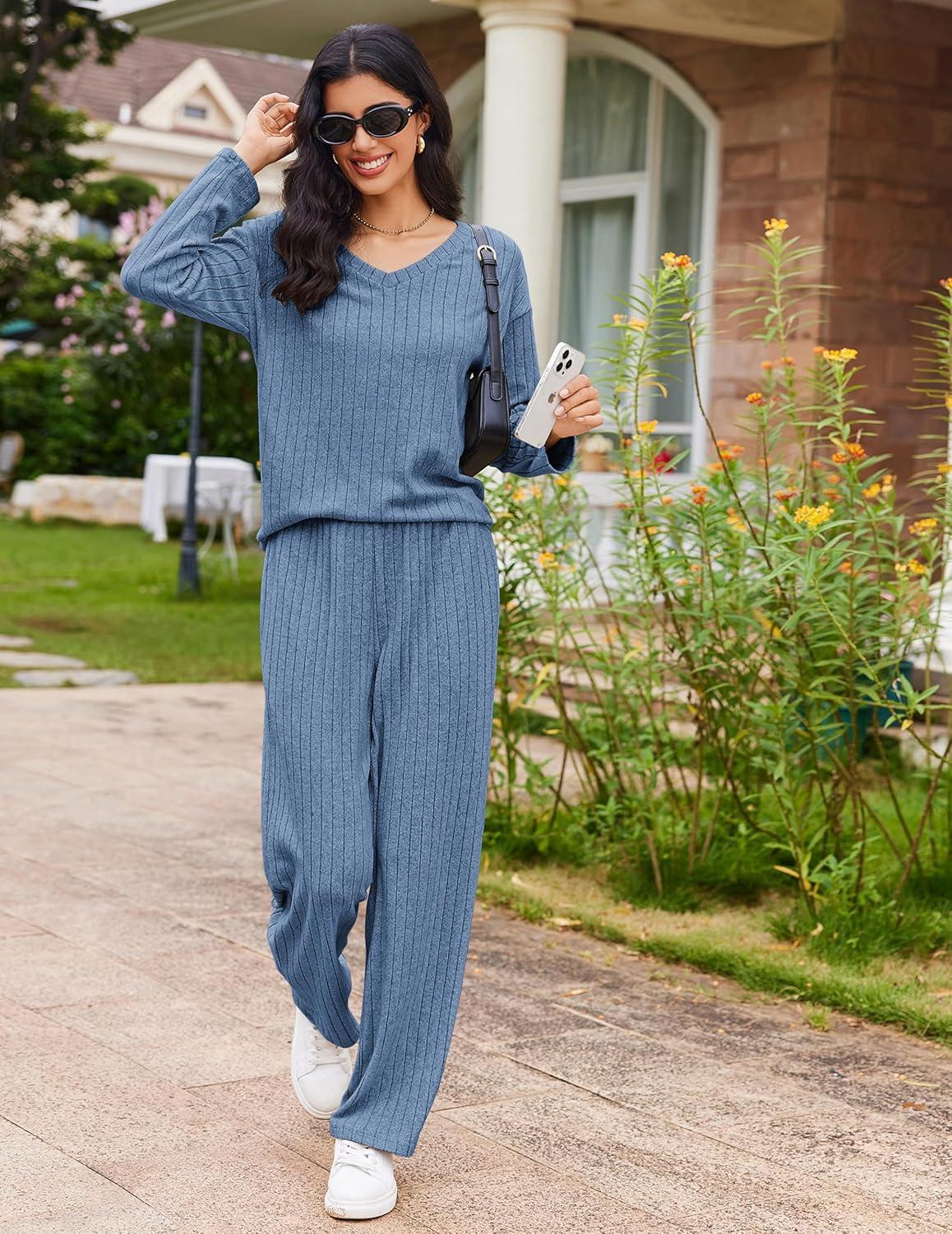 imageEkouaer Lounge Sets for Women Long Sleeve Knit Ribbed Pajama Sets 2 Piece Casual Loungewear with PocketsCaptains Blue