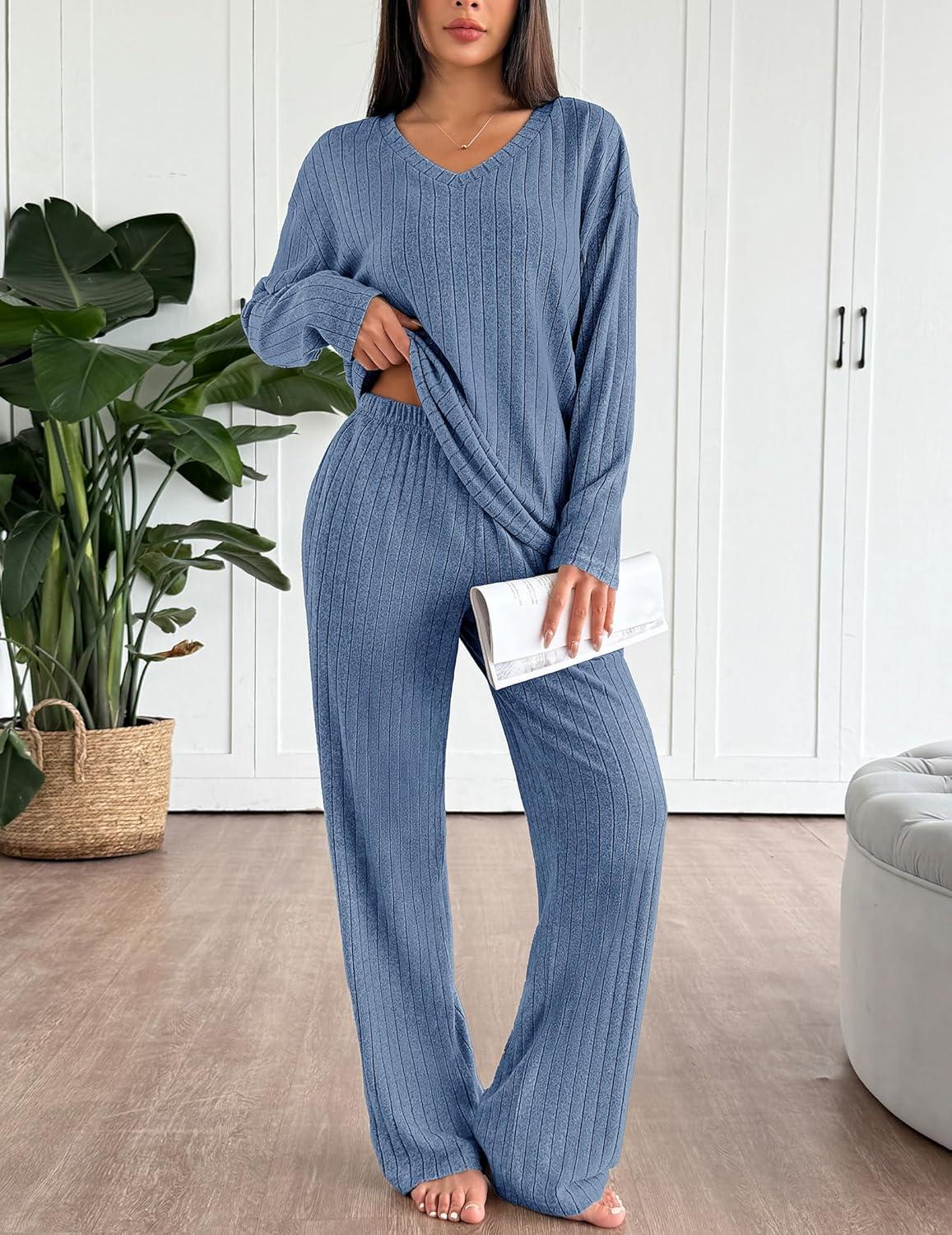 imageEkouaer Lounge Sets for Women Long Sleeve Knit Ribbed Pajama Sets 2 Piece Casual Loungewear with PocketsCaptains Blue
