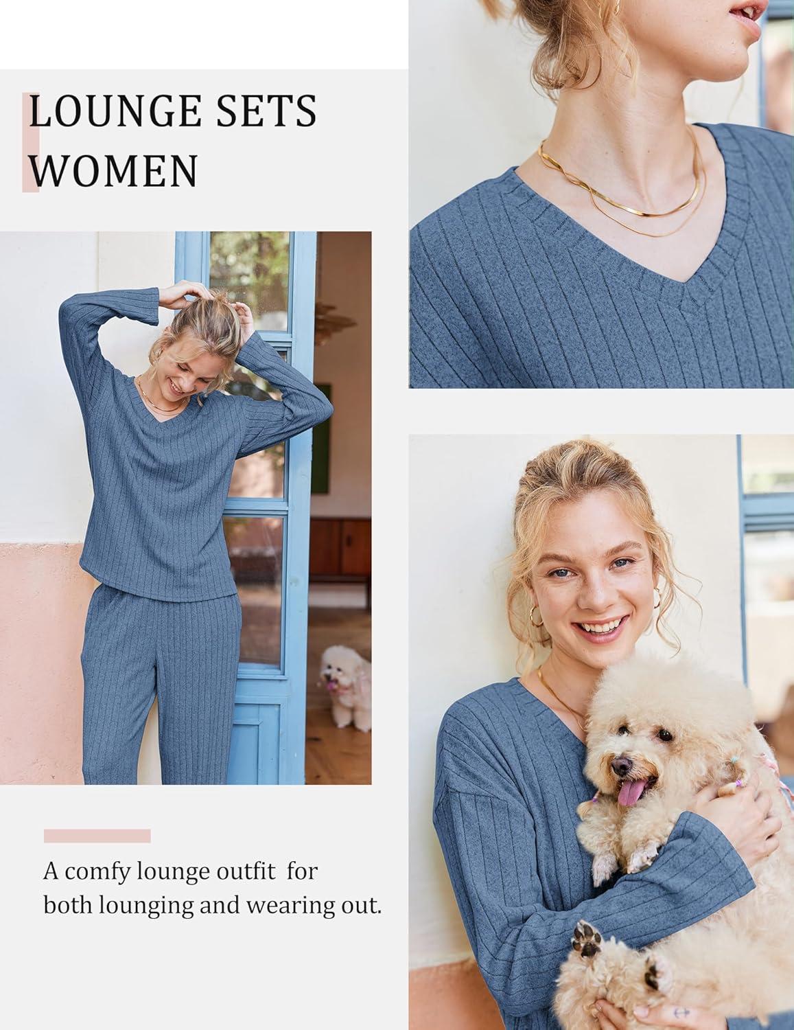 imageEkouaer Lounge Sets for Women Long Sleeve Knit Ribbed Pajama Sets 2 Piece Casual Loungewear with PocketsCaptains Blue