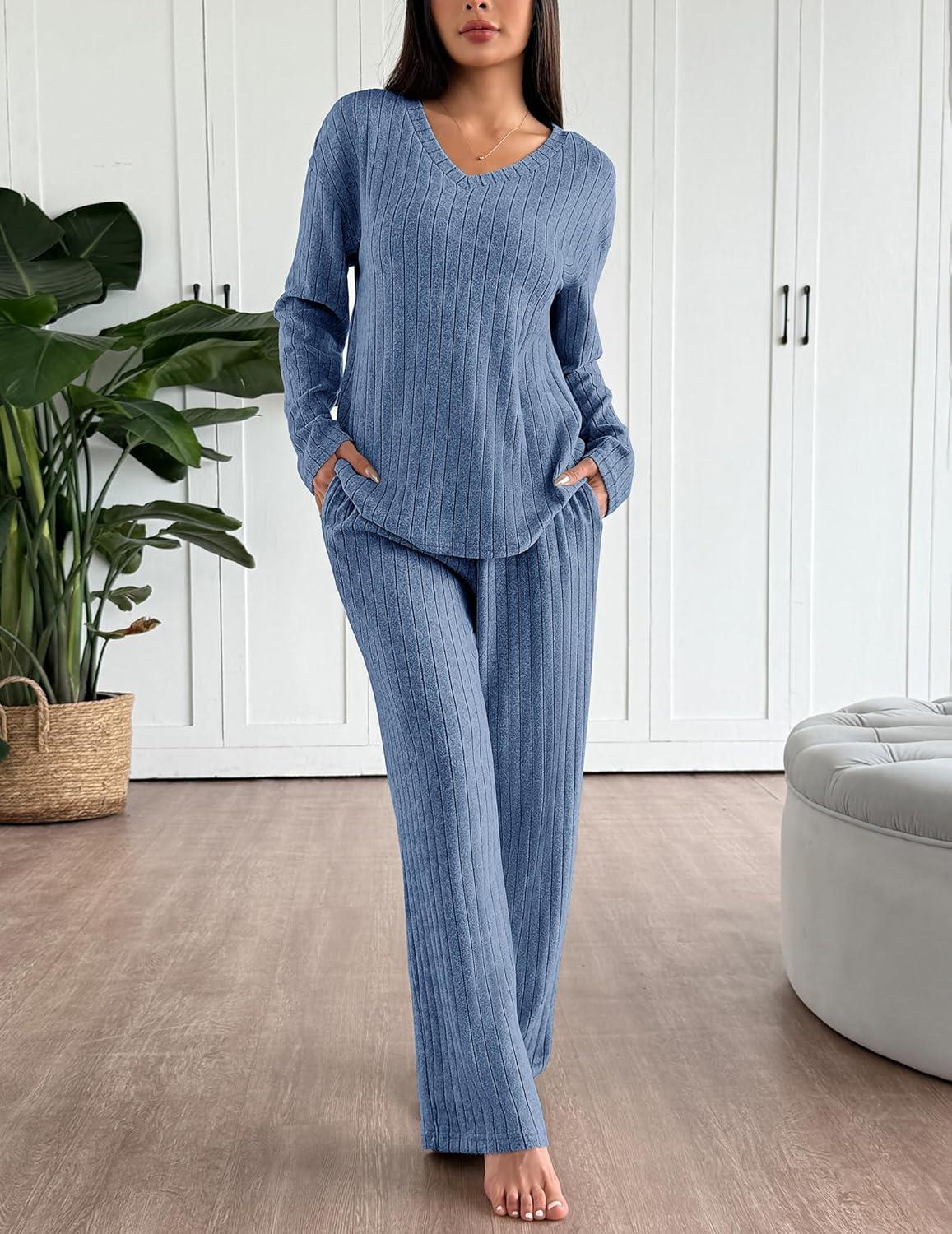 imageEkouaer Lounge Sets for Women Long Sleeve Knit Ribbed Pajama Sets 2 Piece Casual Loungewear with PocketsCaptains Blue