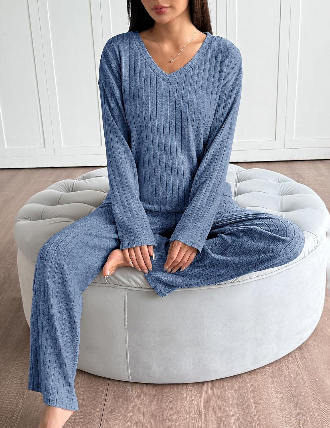 imageEkouaer Lounge Sets for Women Long Sleeve Knit Ribbed Pajama Sets 2 Piece Casual Loungewear with PocketsCaptains Blue
