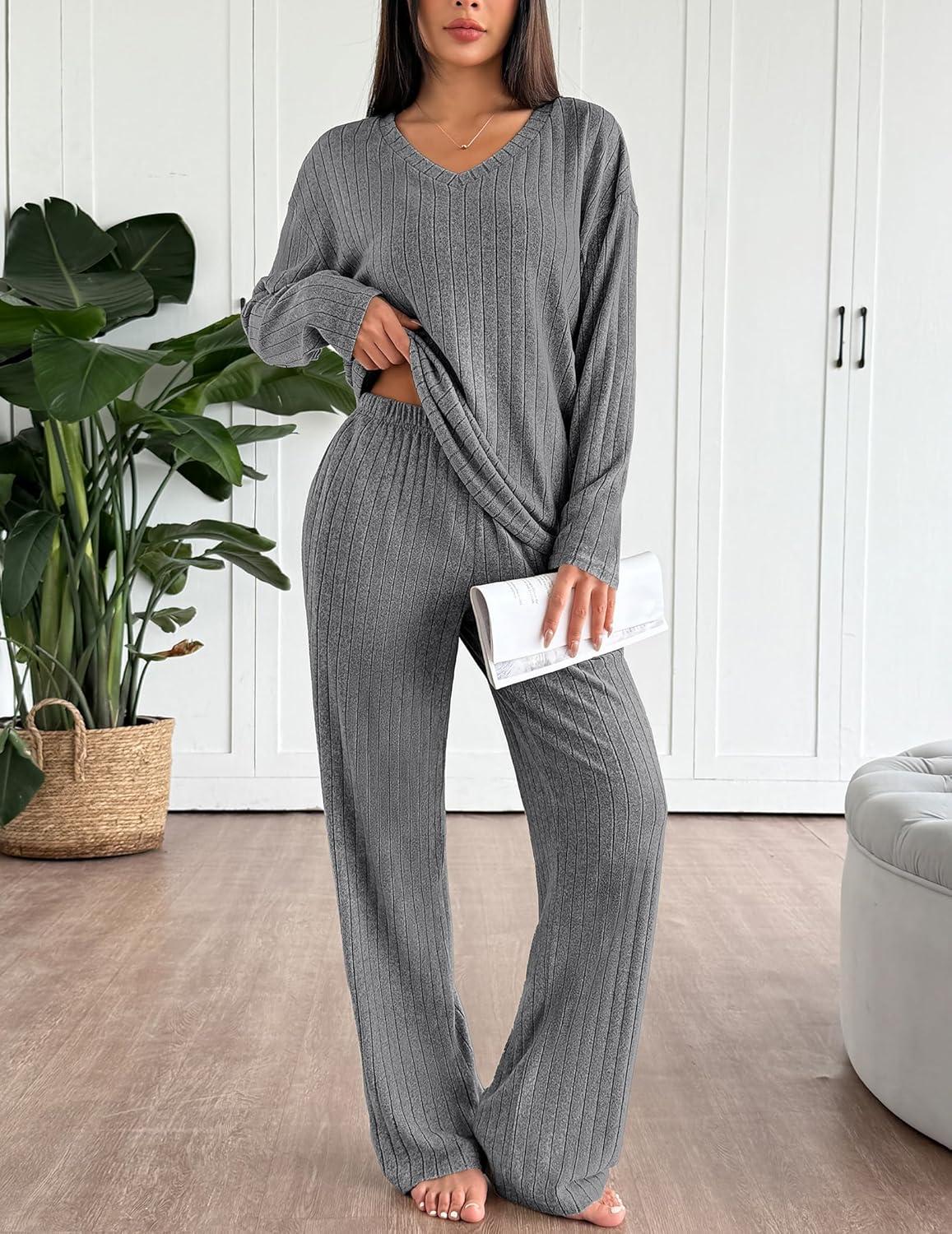 imageEkouaer Lounge Sets for Women Long Sleeve Knit Ribbed Pajama Sets 2 Piece Casual Loungewear with PocketsDark Gray