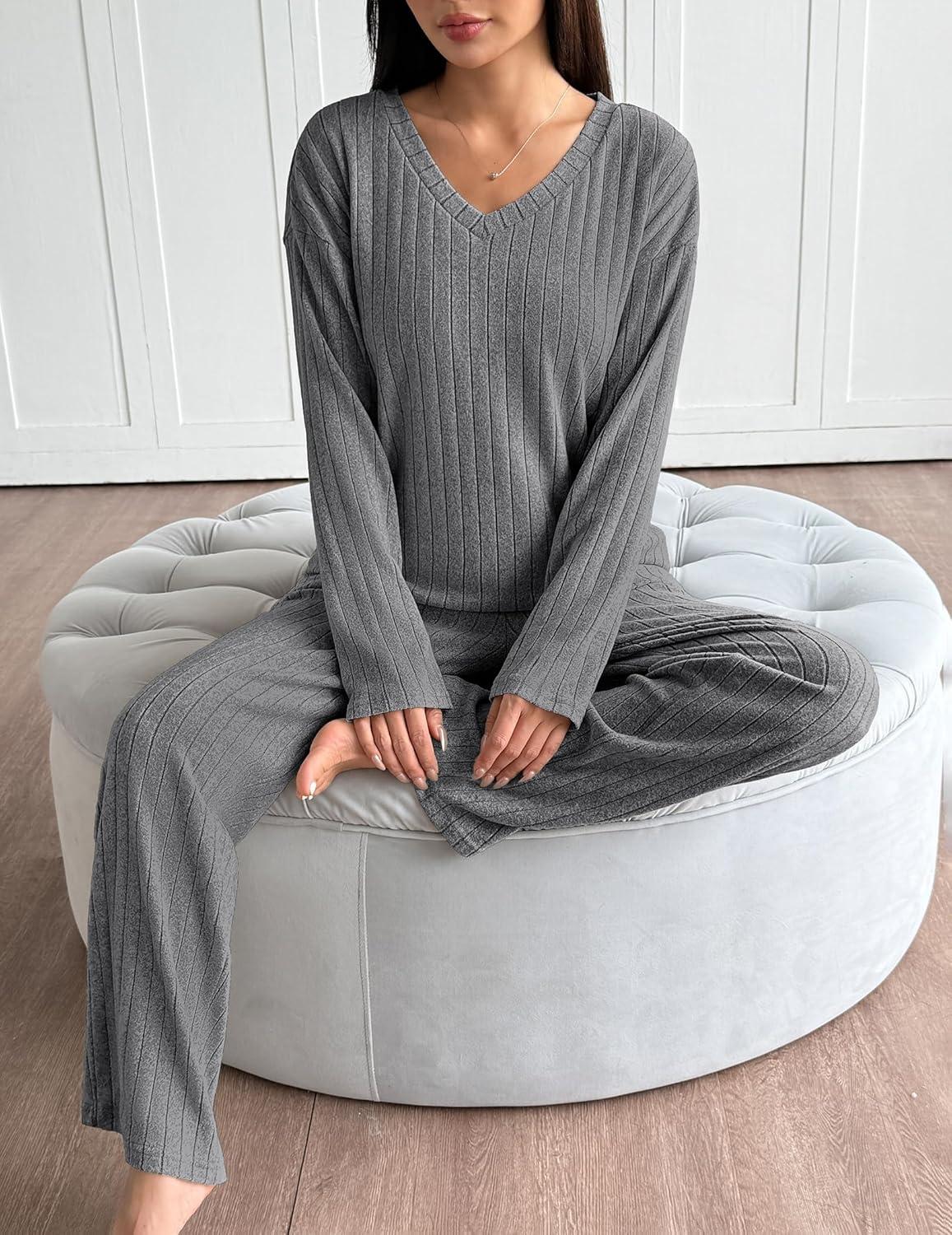 imageEkouaer Lounge Sets for Women Long Sleeve Knit Ribbed Pajama Sets 2 Piece Casual Loungewear with PocketsDark Gray