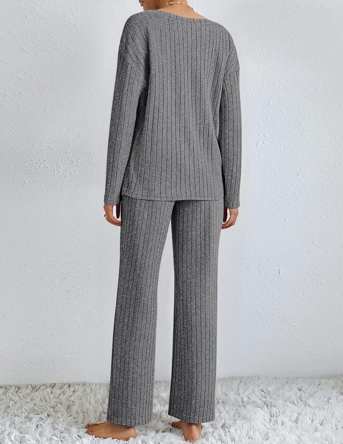imageEkouaer Lounge Sets for Women Long Sleeve Knit Ribbed Pajama Sets 2 Piece Casual Loungewear with PocketsDark Gray